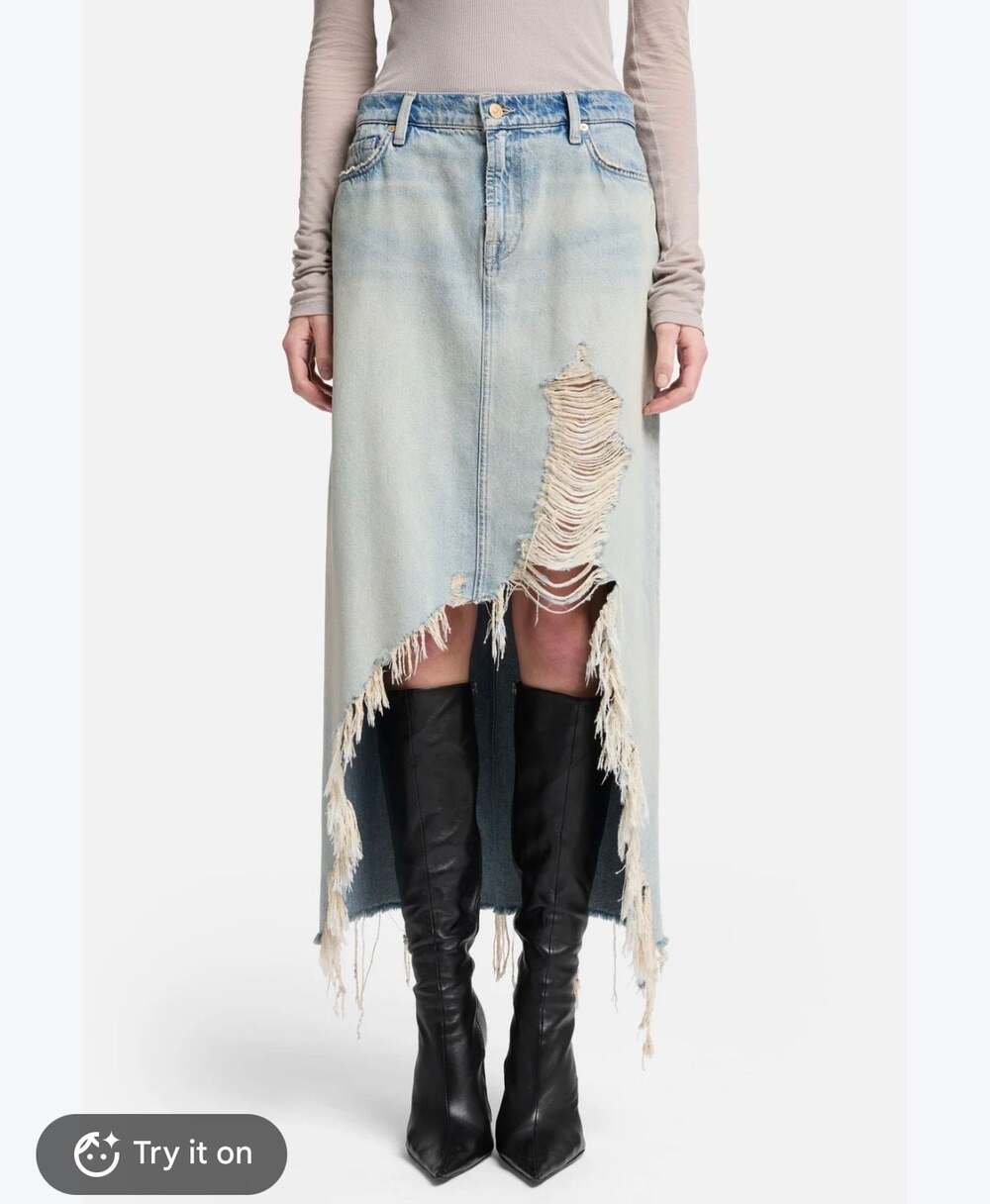 7 For All Mankind Raw-Edge Denim Midi Skirt size 30 new w/ defects